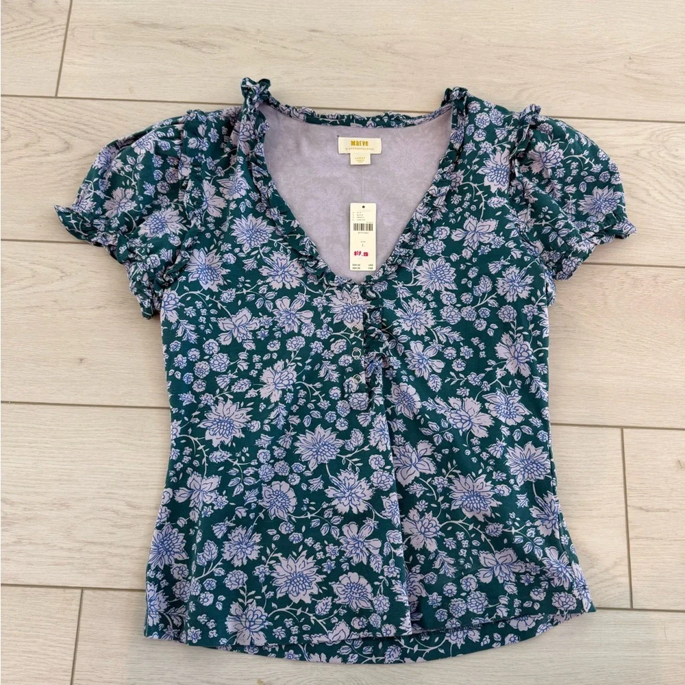 NWT Anthropologie Mauve Puff Sleeve Henley Tee Floral Top - Picture 3 of 5